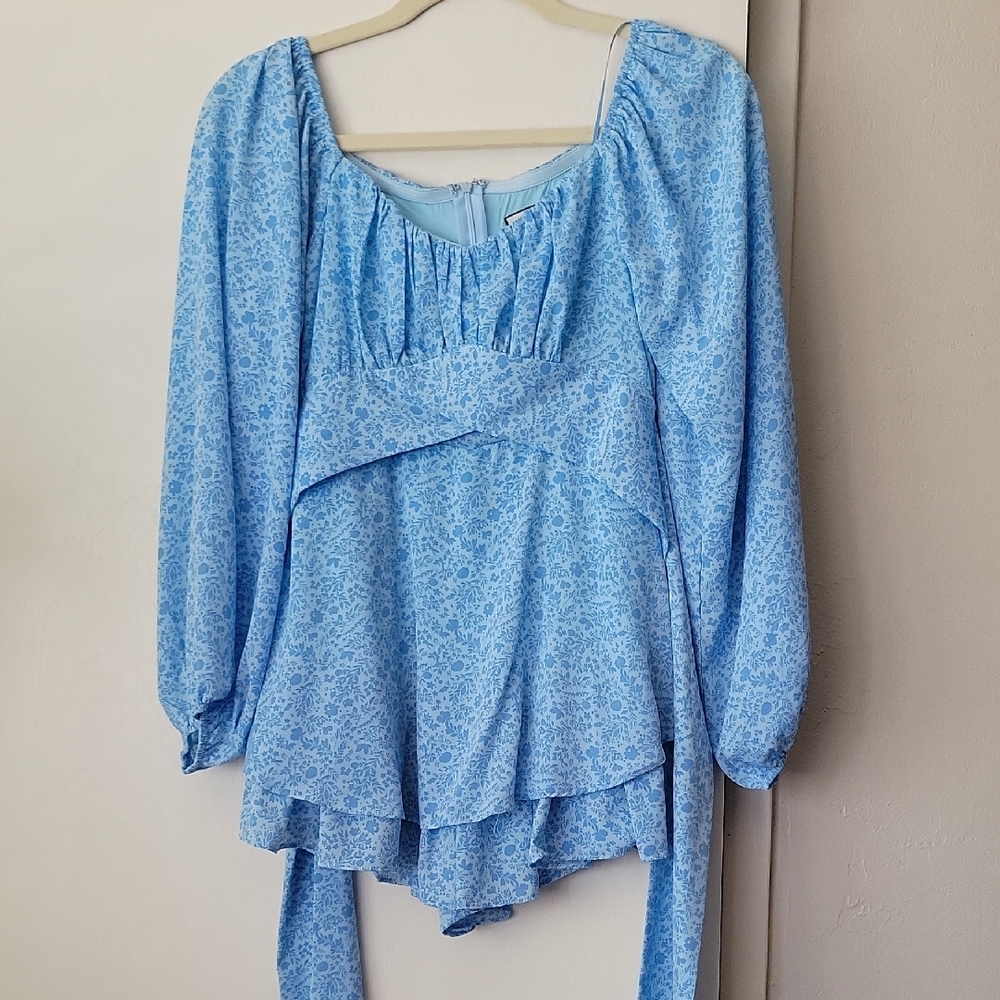 Blue Ruched Long Sleeve Blouse with Tie Front
